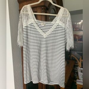 POL Black and White Striped Top with Lace Sleeves